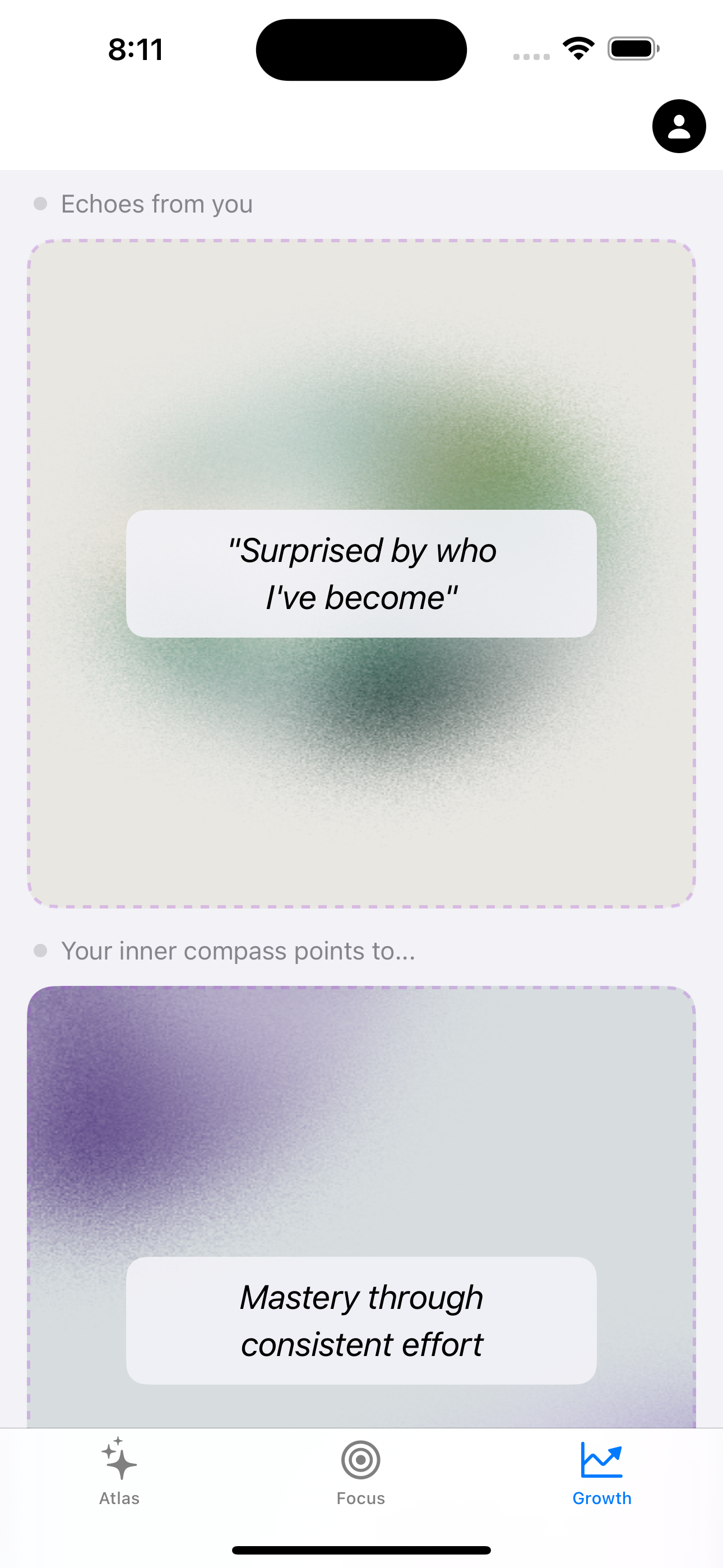 Growth insights cards showing Season, Echo, and Compass cards
